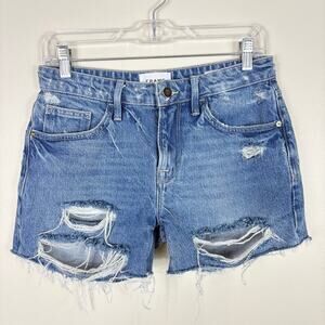 Frame Blue Mid Rise Relaxed Fit Le Grand Garcon Shorts in Montgrove Rips